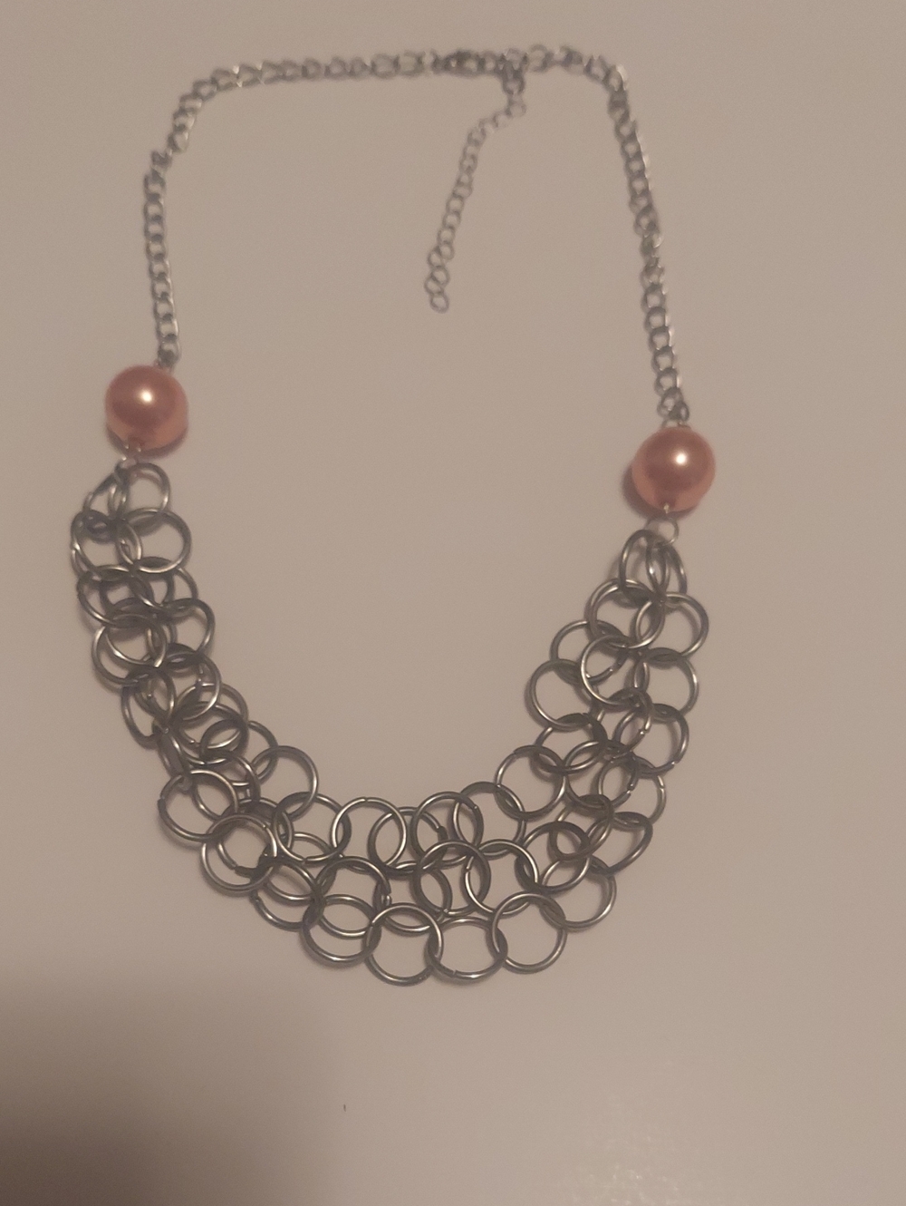 Silver Link Necklace with Peach Pearl Accents